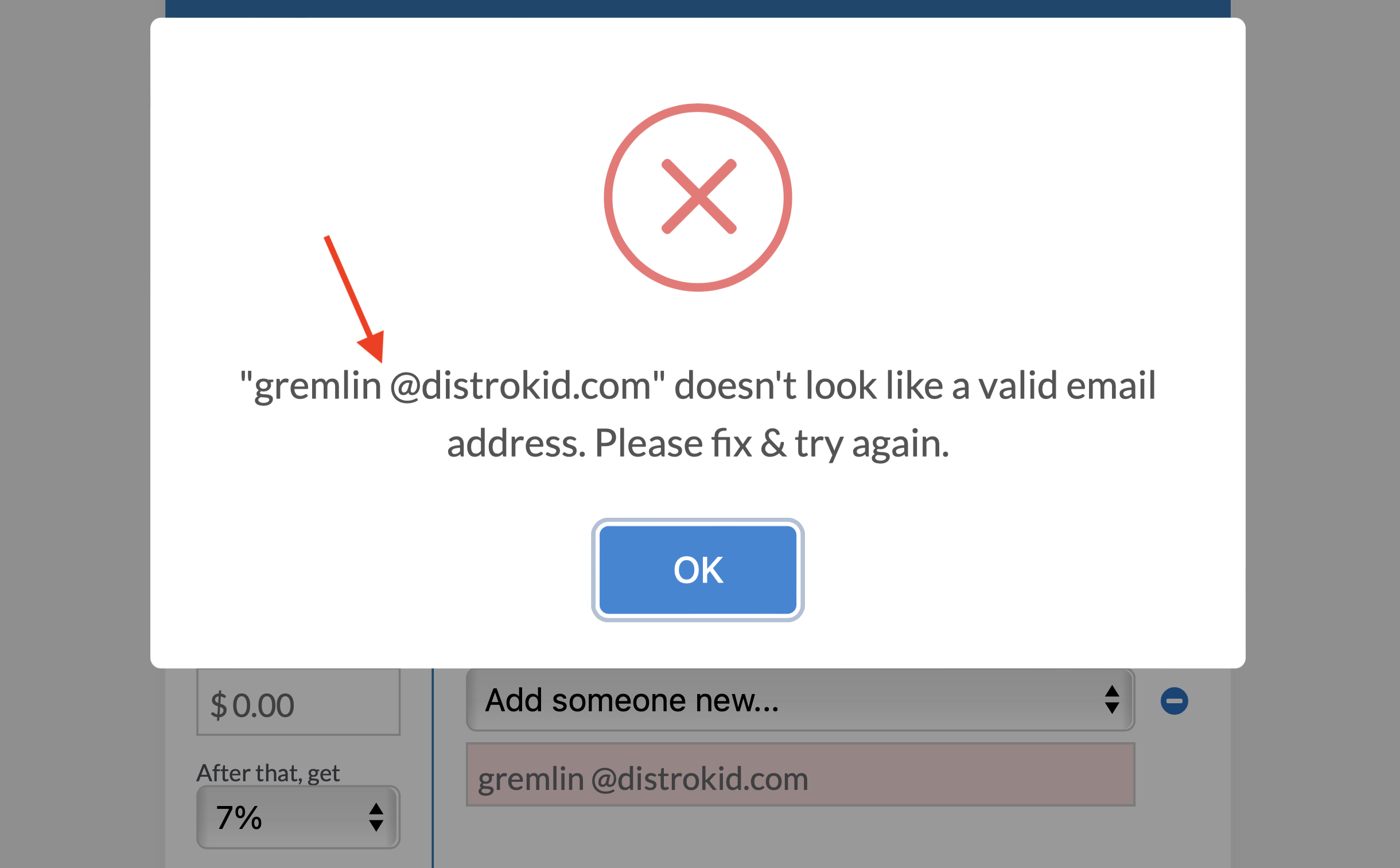 Screenshot of invalid splits email error message pop-up: possible incorrect spacing in user-submitted email.
