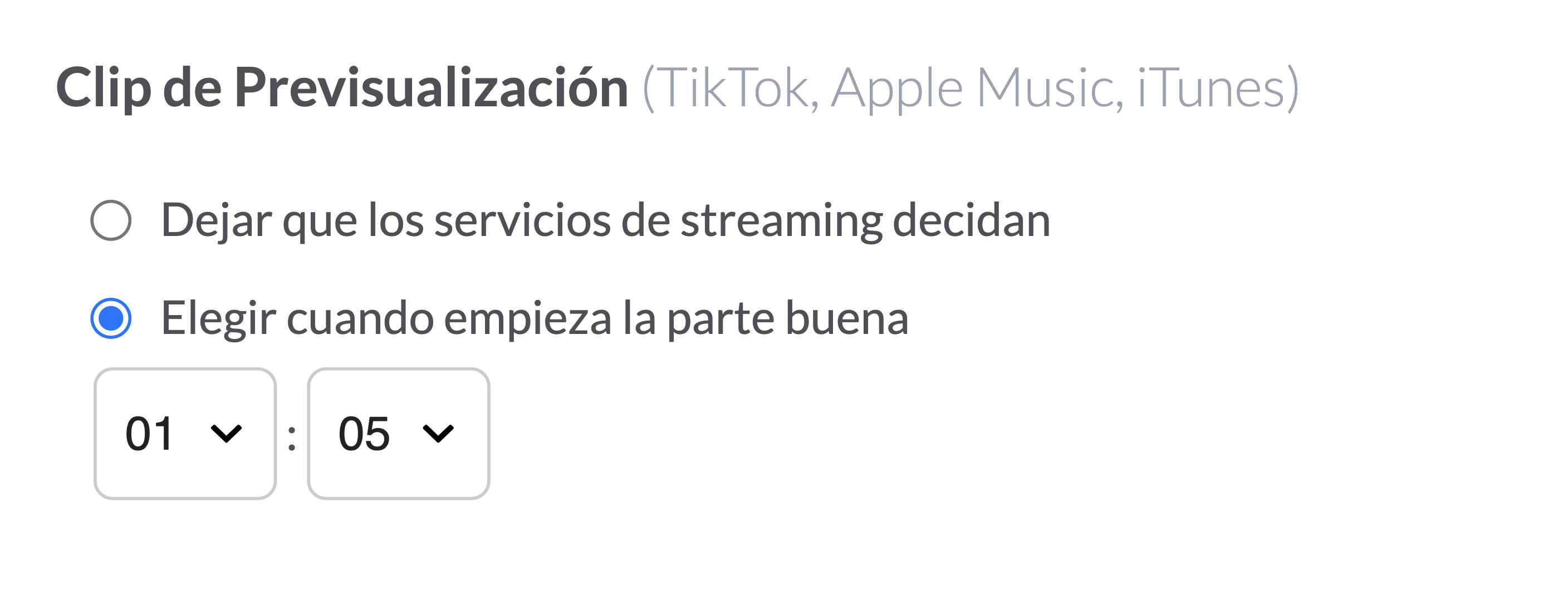 Elige la opción "Especificar cuándo empieza la parte buena" para indicar el inicio de la previsualización de audio en los servicios de streaming.