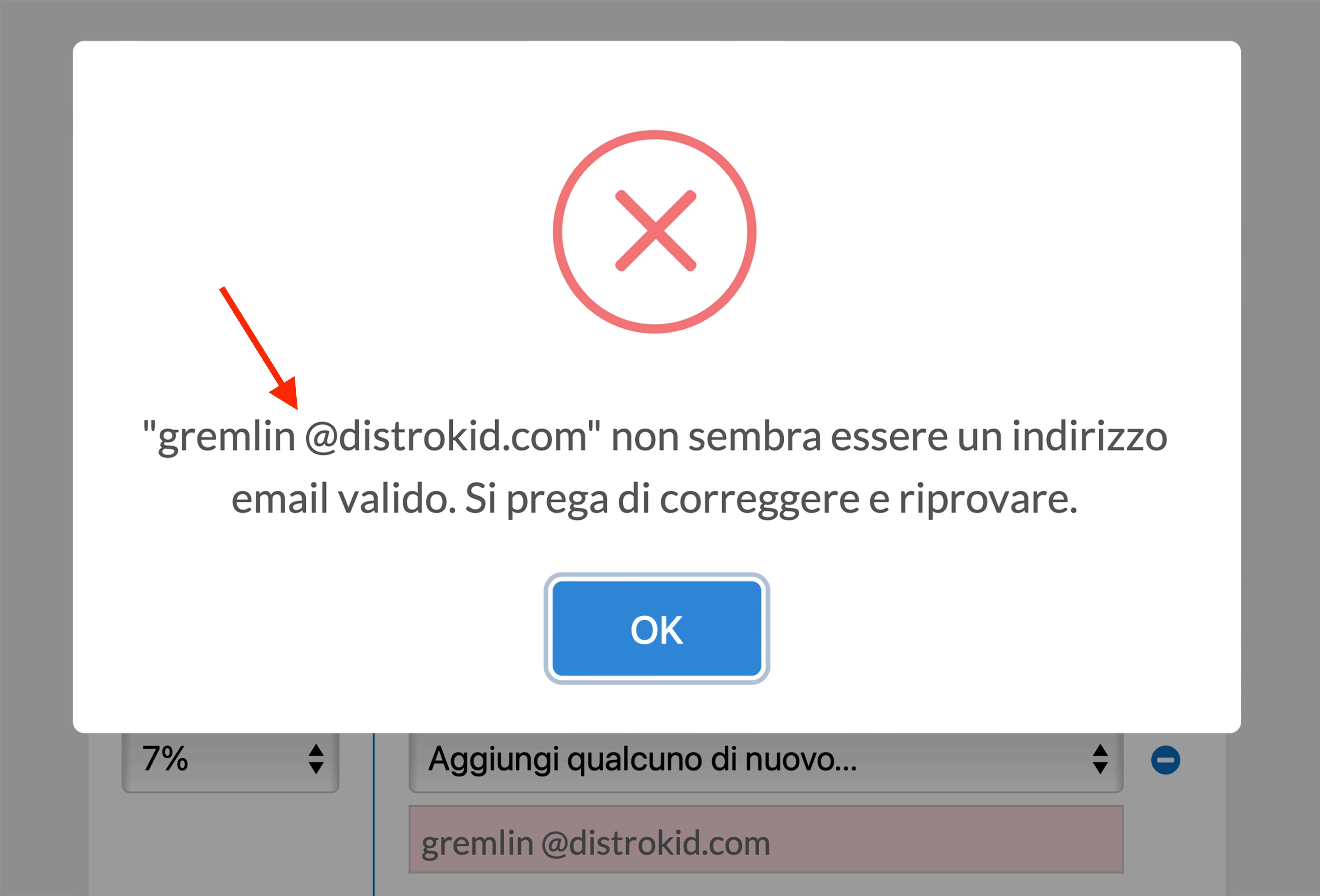 Schermata del messaggio di errore dovuto ad un indirizzo split non valido: possibile errore di spaziatura nell'indirizzo email inserito dall'utente.