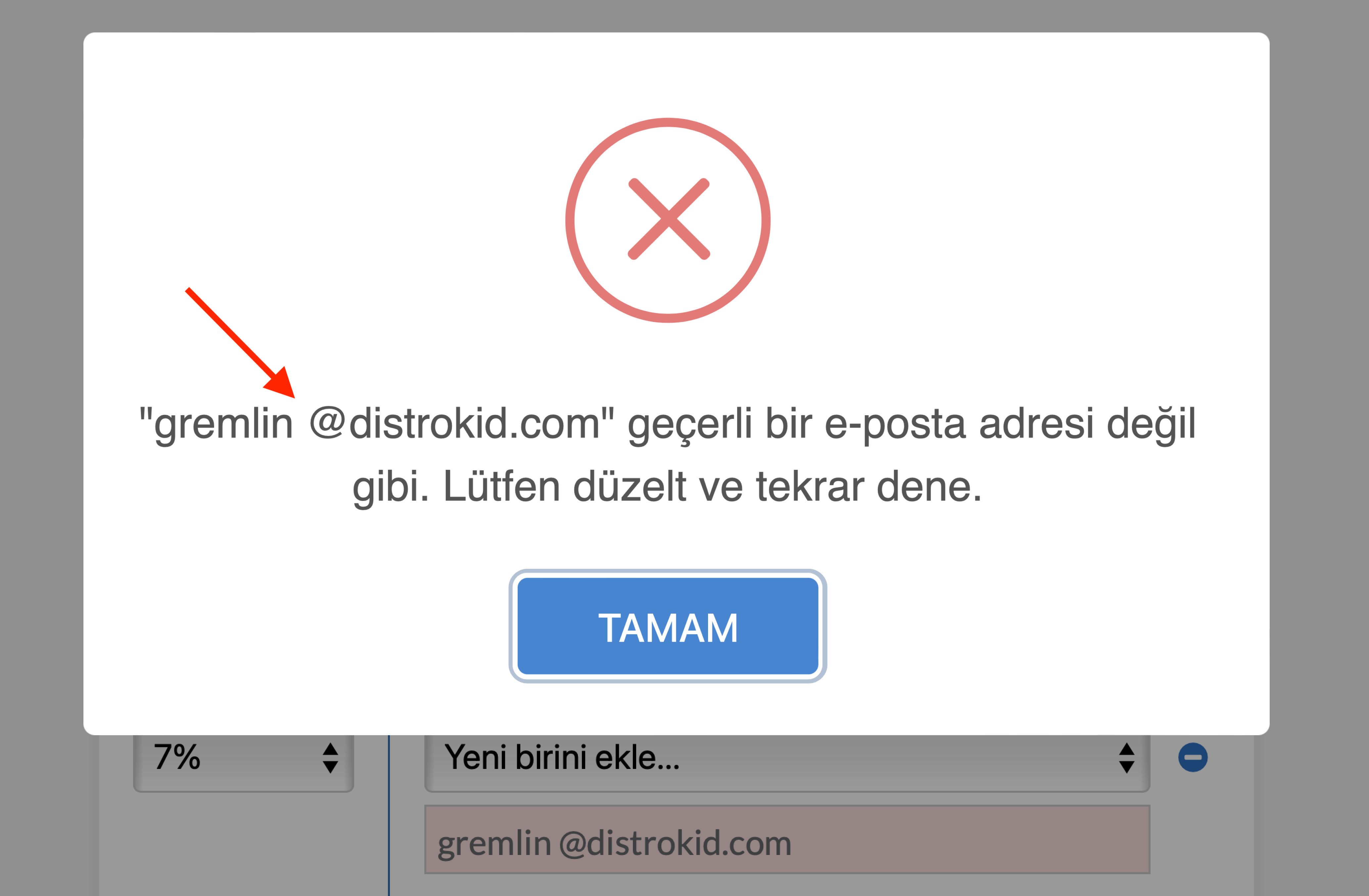 Geçersiz paylar e-postası hata mesajı pop-up'ının ekran görüntüsü: kullanıcı tarafından gönderilen e-postada olası fazladan boşluk.