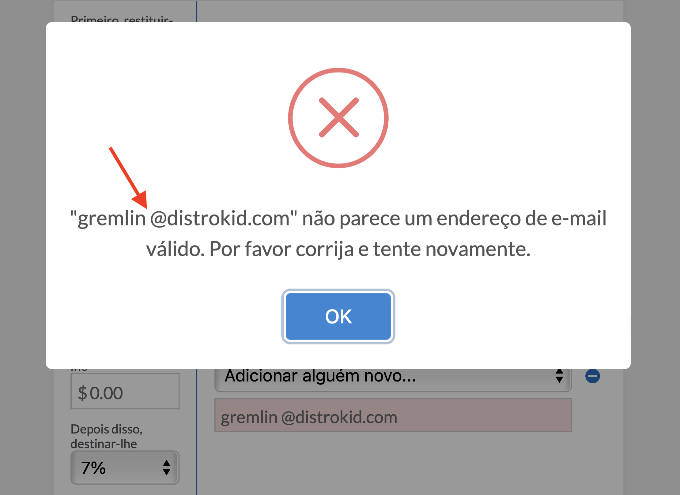 Captura de tela do pop-up de mensagem de erro de divisões inválidas: possível espaçamento incorreto no e-mail enviado pelo usuário.