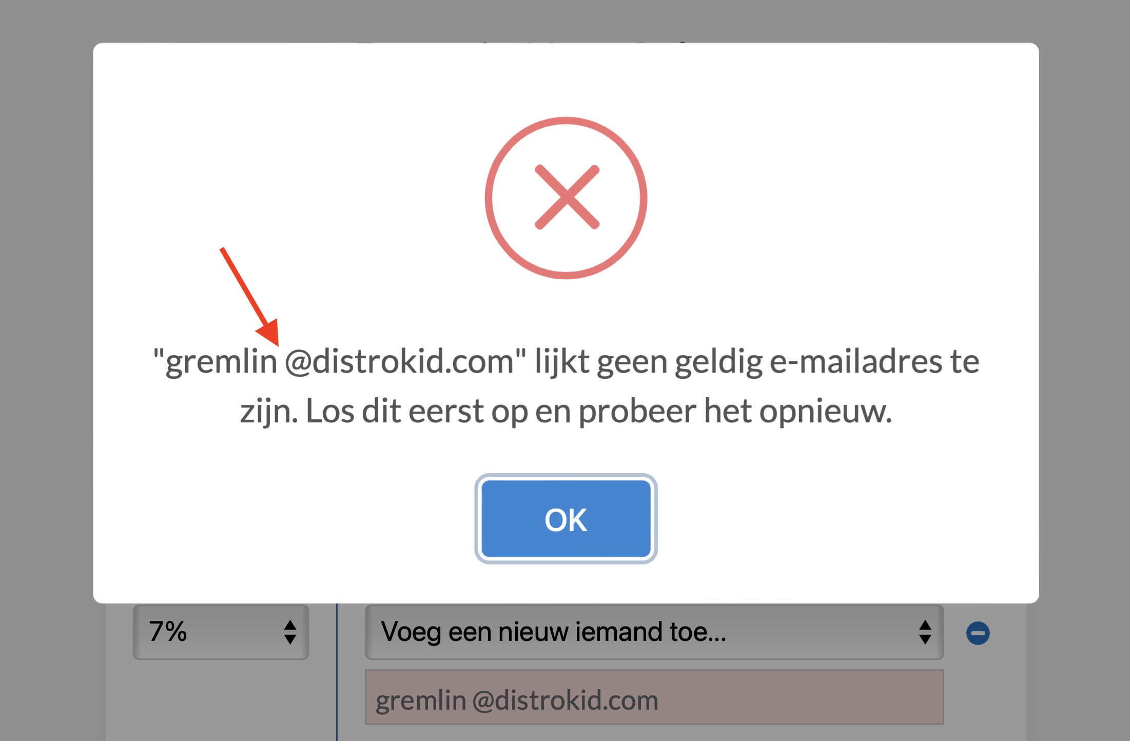 Screenshot van ongeldige splits e-mail foutmelding: Mogelijk incorrecte spaties in het door de gebruiker ingevoerde e-mailadres.