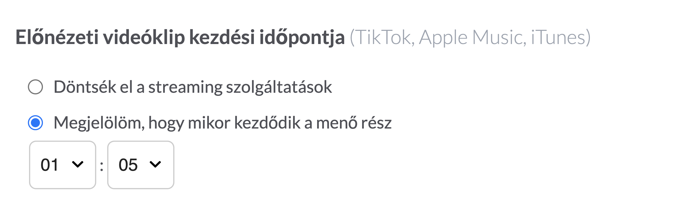 Válaszd a "Megjelölöm, hogy mikor kezdődik a menő rész" lehetőséget, hogy megadd a streaming szolgáltatásokon lévő hangelőnézetek kezdési időpontját.