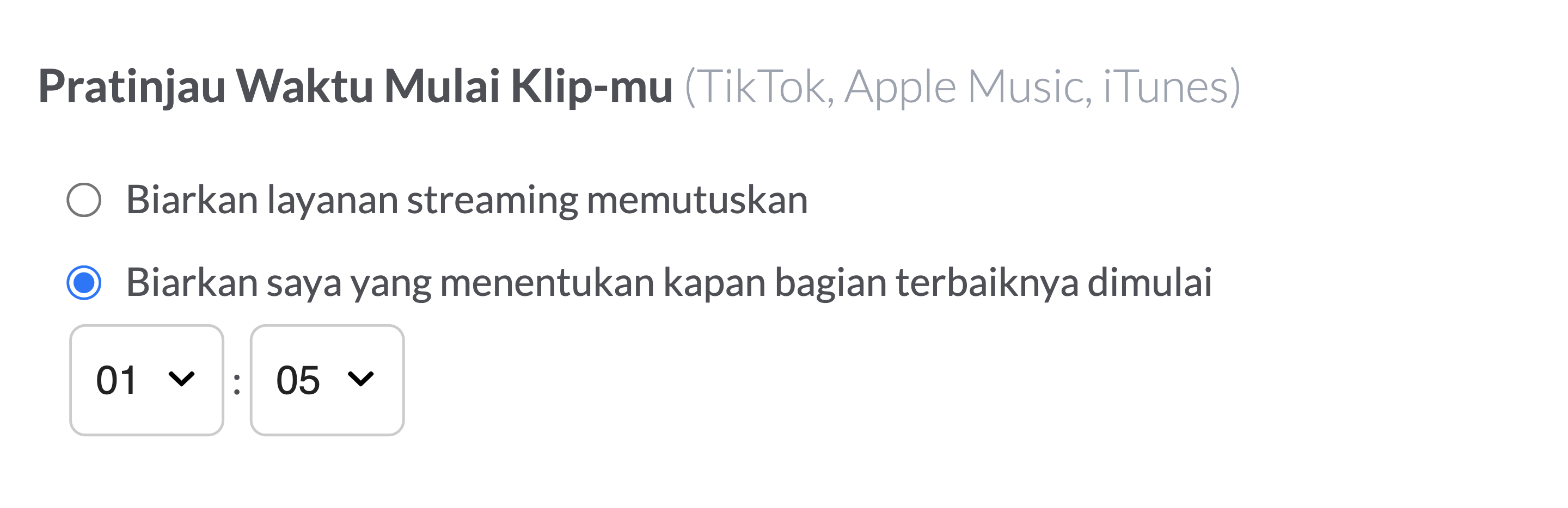 Pilih opsi "Biarkan saya yang menentukan kapan bagian terbaiknya dimulai" untuk menentukan waktu mulai pratinjau audio di layanan streaming.