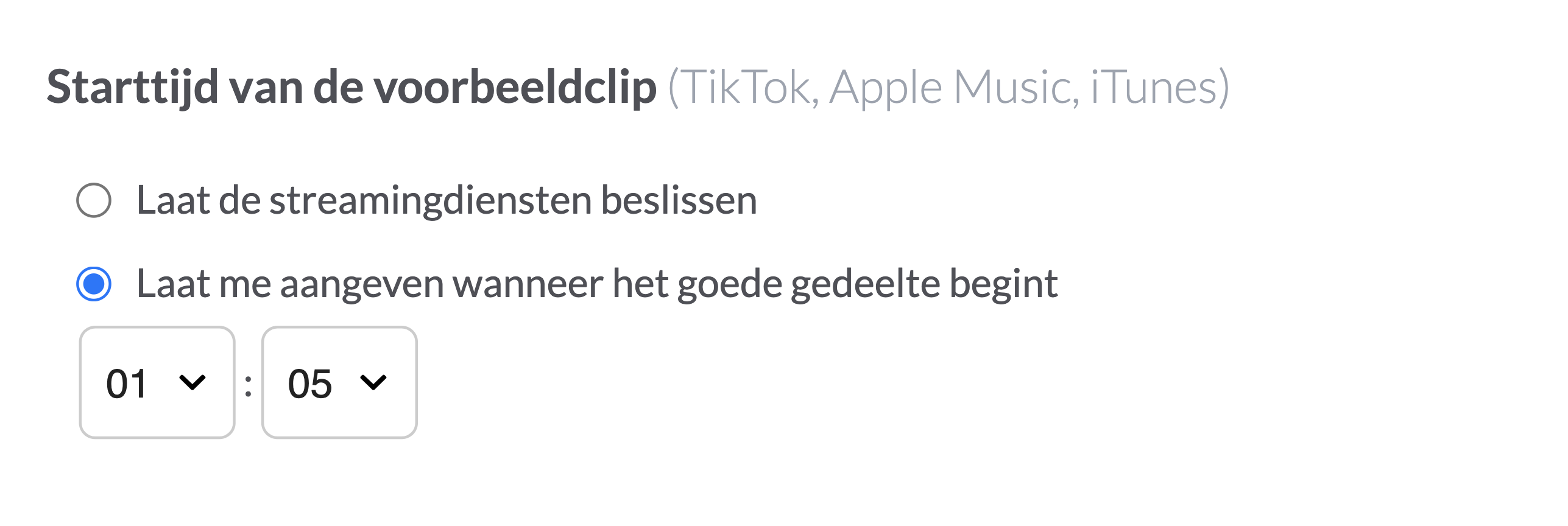 Kies de optie "Laat me aangeven wanneer het goede gedeelte begint" om een specifieke starttijd in te stellen voor audiovoorbeelden in streamingdiensten.
