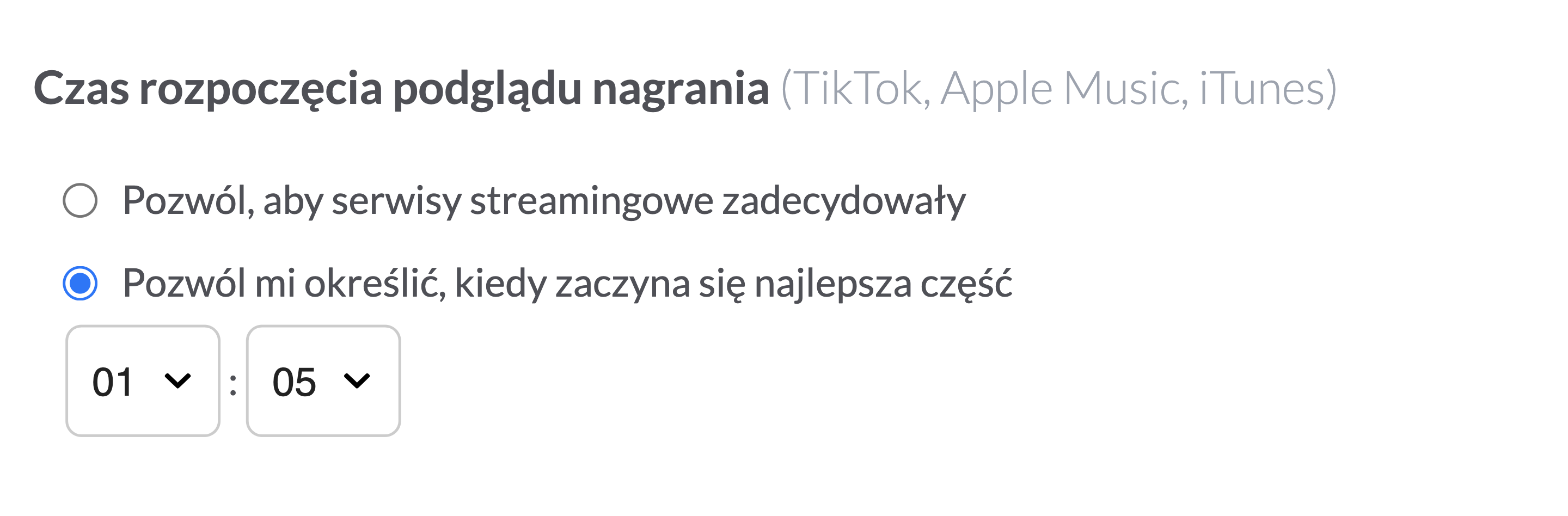 Wybierz opcję „Pozwól mi określić, kiedy zaczyna się najlepsza część”, aby określić czas rozpoczęcia podglądu audio w serwisach streamingowych.