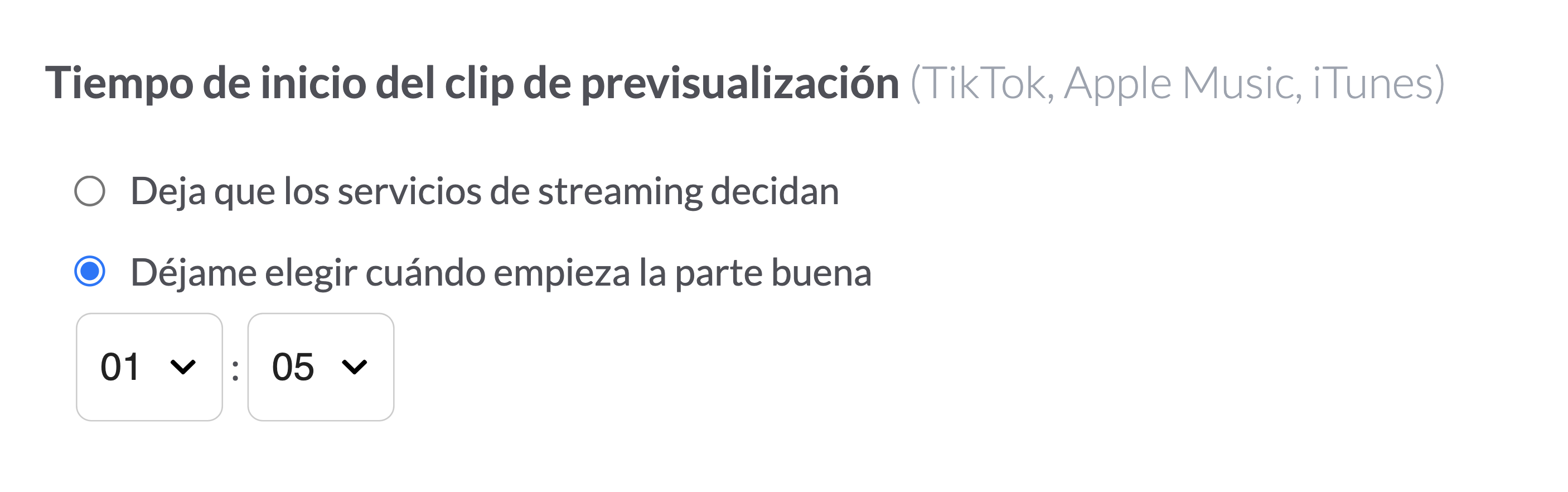 Elige la opción "Establecer cuándo empieza la parte buena" para indicar el comienzo de la previsualización de audio en los servicios de streaming.