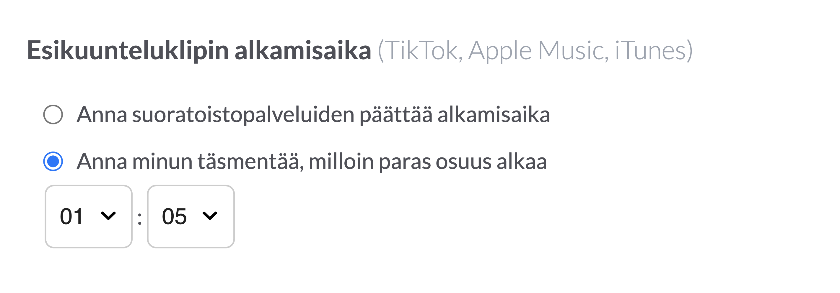 Valitse vaihtoehto "Salli minun määrittää, milloin paras osuus alkaa" määrittääksesi äänen esikuuntelun aloitusajan suoratoistopalveluissa.